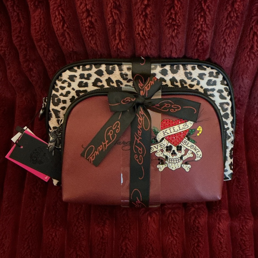 Ed Hardy Red Leopard Print Cosmetic Pouch Set with Skull Patch